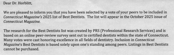 Formal letter to Dr. Horblitt confirming selection for Connecticut Magazine’s 2025 Best Dentists, to appear October 2025.
