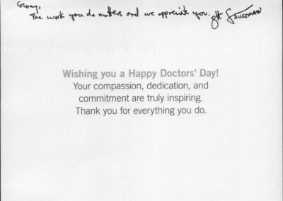 Handwritten note thanking doctors at top with a card message: 'Wishing you a Happy Doctors’ Day! Your compassion, dedication, and commitment are truly inspiring. Thank you for everything you do.'
