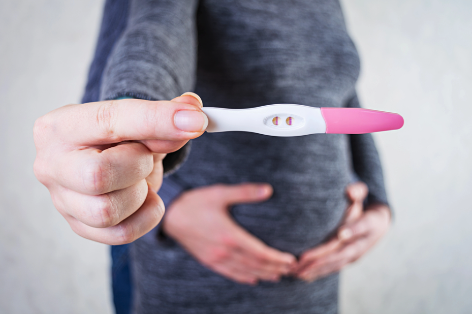 april26a Close-up of a pregnancy test showing two pink lines, held by a pregnant person as they cradle their belly.