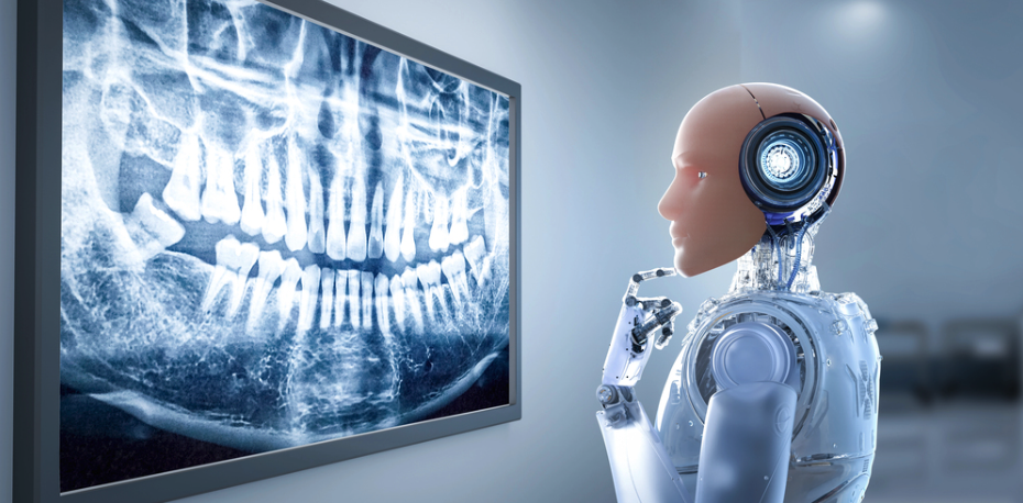 Robot looking at a dental X-ray on a wall-mounted monitor in a clinical setting—an advanced dental tech scene, emphasizing robotics in dentistry.