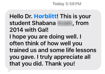Text message bubble thanking Dr. Horblitt, from a student named Shabana (name partially blurred), praising lessons and expressing gratitude (Today 5:58 PM).