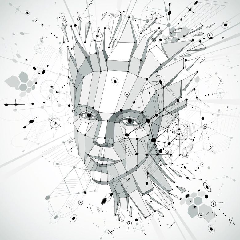 may-d Abstract low-poly head formed by geometric facets with networked nodes and lines, representing artificial intelligence and analytics.