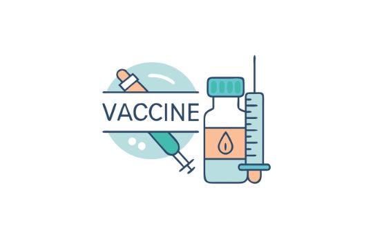 may26a Icon of vaccination: a syringe and a vaccine vial beside a circular backdrop with the word 'VACCINE' across the design.